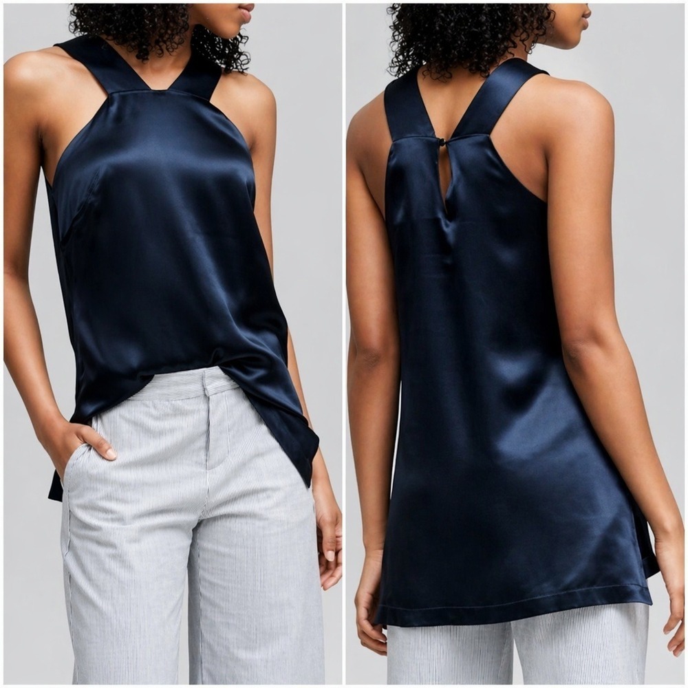 Banana Republic NEW Navy Satin Halter Sleeveless Blouse Top SZ Small Minimalist